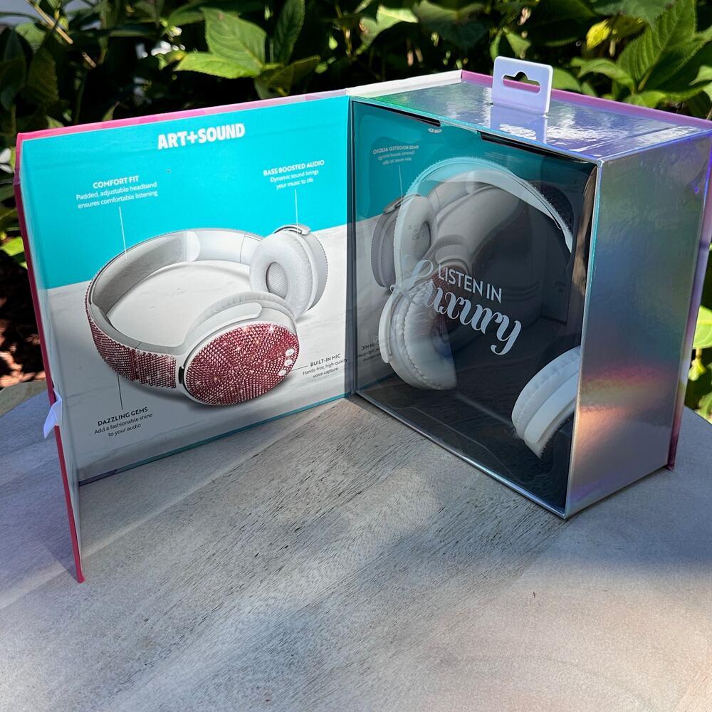 NEW Art+Sound Bling Wireless Headphones 6Hrs playtime. White Pink rhinestones